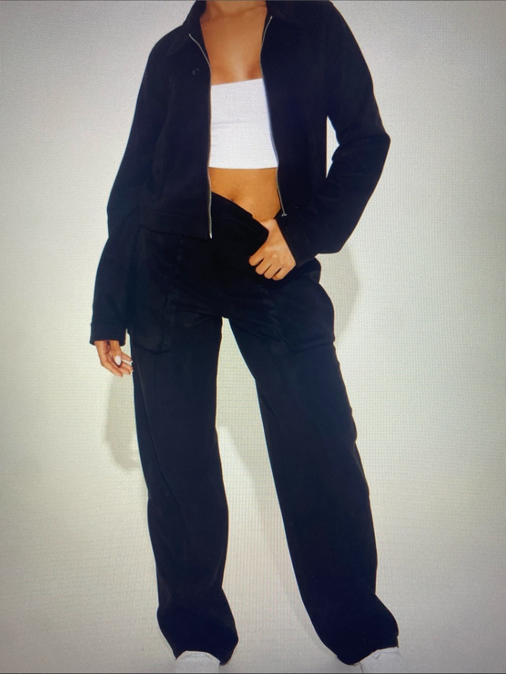 Faux Suede Pants Set- Black